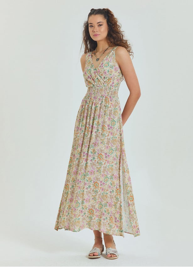 Double Breasted Collar Long Beige Dress with Slit from the Yoke 4561